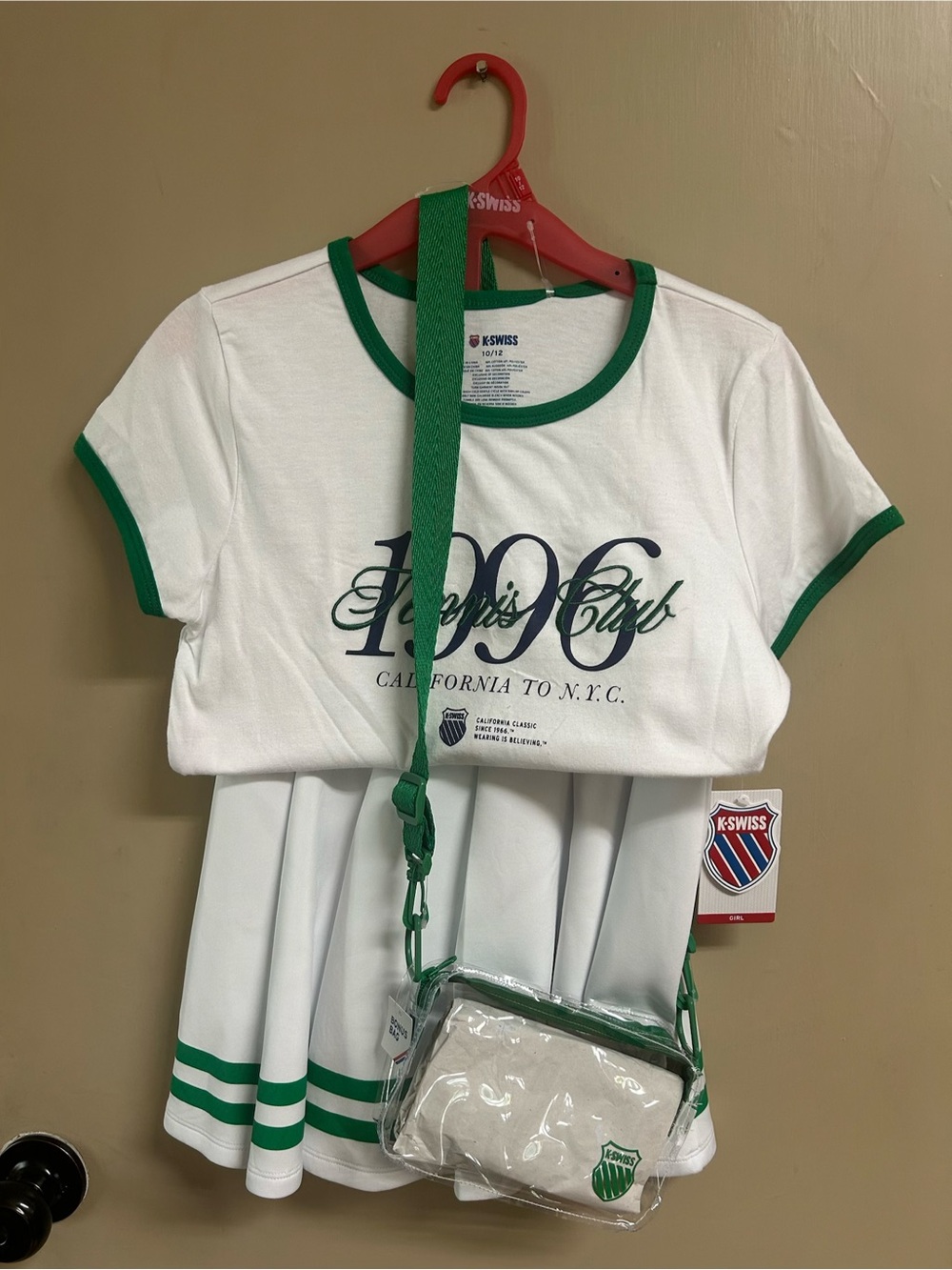 K-Swiss White & Green Tennis Club Tee with Pleated Skort and Clear Crossbody